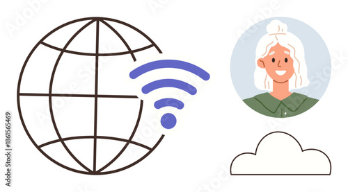 Globe with internet signal, woman avatar, and cloud icon illustrating global communication, online connectivity, digital collaboration, remote access, data sharing, networking, simple flat metaphor