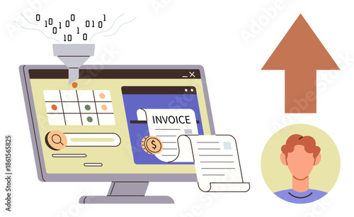 Screen with invoice management, automation funnel transferring digits, upward growth arrow, person profile. Ideal for finance, data, automation, analytics, productivity business digital