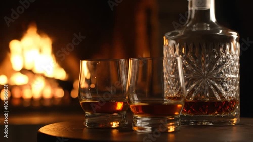 Whiskey glasses and decanter by fireplace with warm lighting