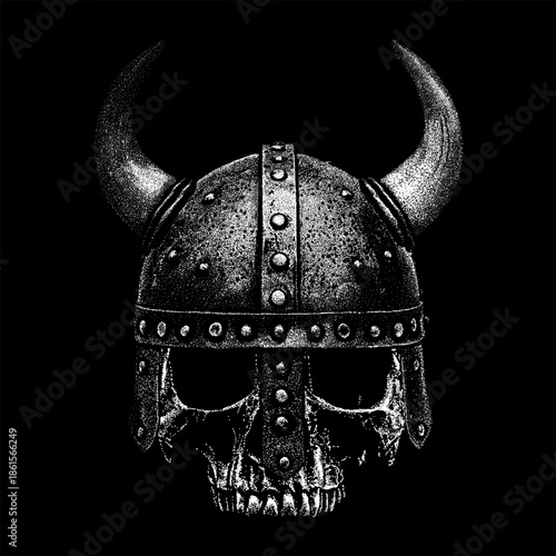 Viking skull wearing a horned helmet, symbolizing Norse mythology, warrior spirit, and ancient Scandinavian culture. Perfect for dark art, fantasy designs, tattoos, and gothic-themed projects.
