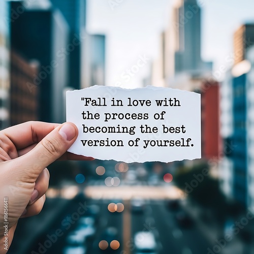 Hand holding paper with inspiring quote about self improvement