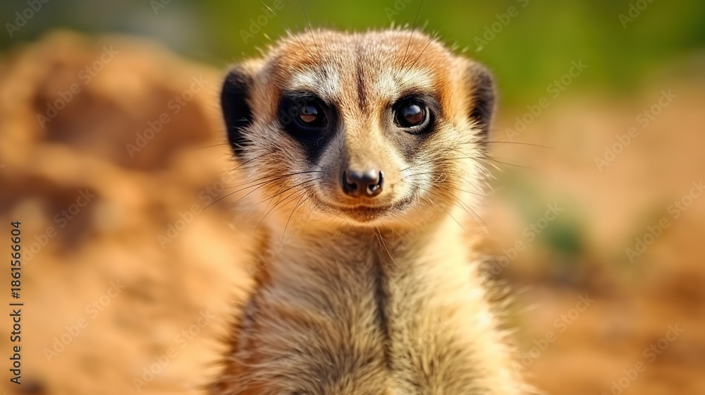 Fototapeta premium A Curious Meerkat Stands Upright in a Sunny Desert Landscape Watching the Camera