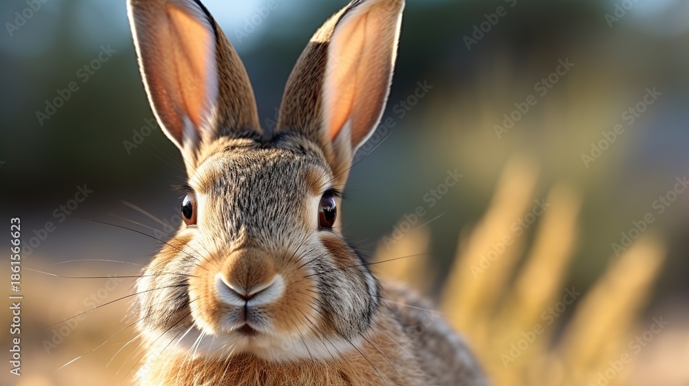 Obraz premium A curious wild rabbit peering into the camera in a sunlit field with tall grasses