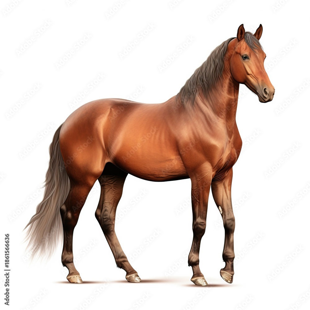 Obraz premium A glossy chestnut horse standing sideways with flowing mane and tail against white background