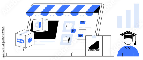 E-commerce concept. E-commerce graphics showing an online shop setup, product display, and shopping boxes. E-commerce integration in education and business success. For retail, startups, online