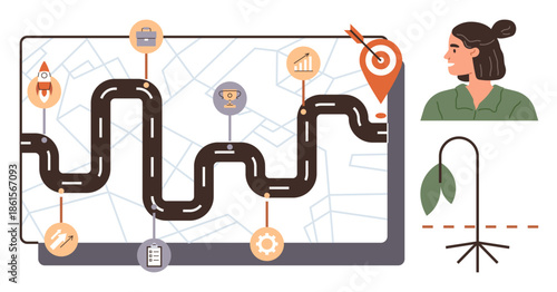 Winding road with markers for growth and goals, map background, woman looking at progress, growing plant metaphor. Ideal for career planning, strategy, motivation, achievement, growth journey