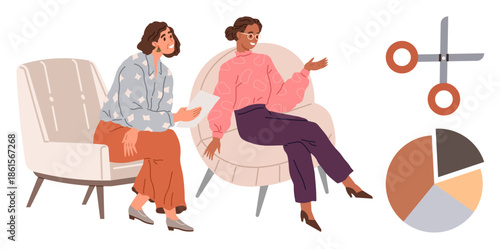 Two women seated in stylish chairs engaged in conversation. Scissors and pie chart suggest brainstorming, productivity, creativity, planning. Ideal for teamwork, collaboration, strategy
