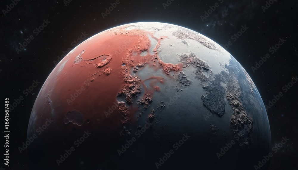 Fototapeta premium Dwarf planet Pluto surface view with distant stars and nebulae. Icy terrain contrasts with reddish mineral deposits. Expansive dark space surrounds the cold celestial body.