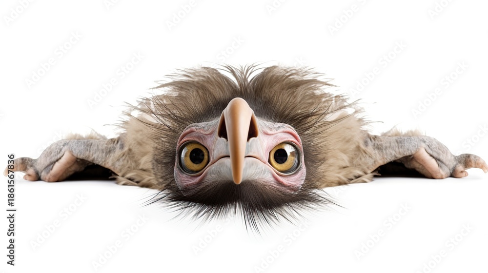 Fototapeta premium Adorable fluffy baby bird peeking over edge with wide curious eyes on white background