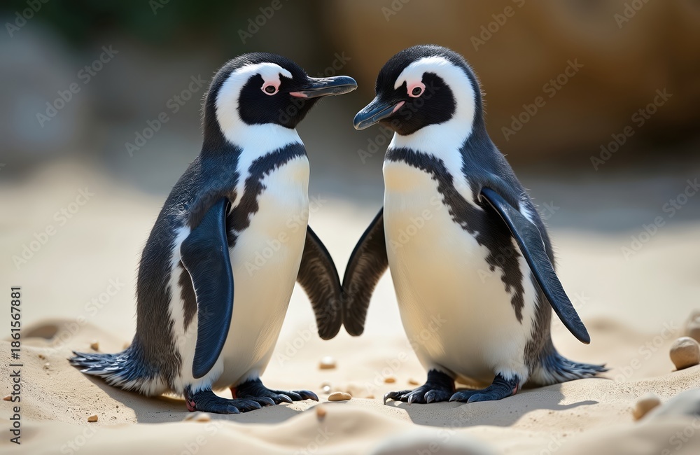 Fototapeta premium Two penguins stand close on sandy ground facing. Black, white feathers distinct. One penguin looks left, right. Appear to interacting on bright sunny day in natural habitat.
