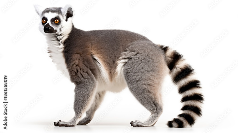 Obraz premium An Adorable Striped Ring-Tailed Lemur Standing Gracefully on a White Background