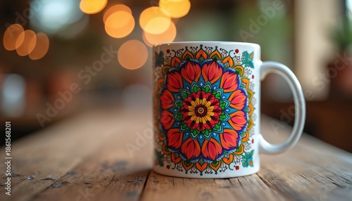 Colorful mandala art adorns ceramic mug. Beverage container sits on wooden table. Drinkware features vibrant pattern. Home or office accessory for coffee or tea. © miss irine