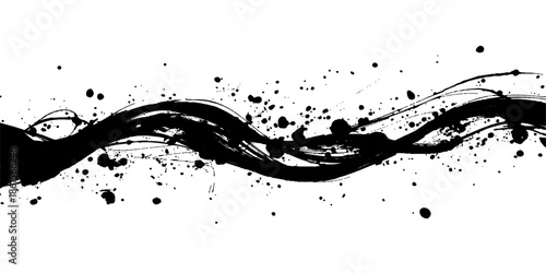 A grunge vector illustration featuring black ink splashes and liquid paint drips creates a dirty splat texture with artistic water spray spots on a white pattern design element