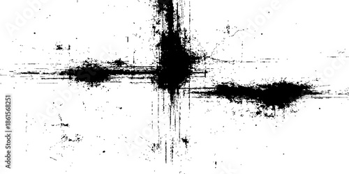 Black ink splat and grunge splashes create a dirty liquid texture with paint drips, vector spray stains, and brush splatter elements on a decorative frame pattern