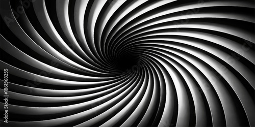 A digital 3D fractal burst arrangement creates a swirling black and white spiral pattern with motion lines forming a curved tunnel backdrop for a modern technology wallpaper design template