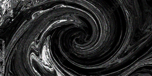 A swirling black and white abstract fractal background features a digital motion texture where a spiral vortex creates a dark energy tunnel design