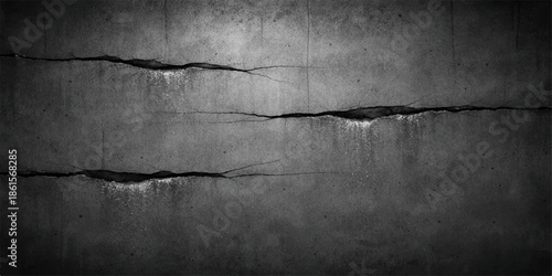 A dark and aged texture of a rough cracked concrete wall features a grungy gray surface with a weathered vintage stone pattern for an antique backdrop