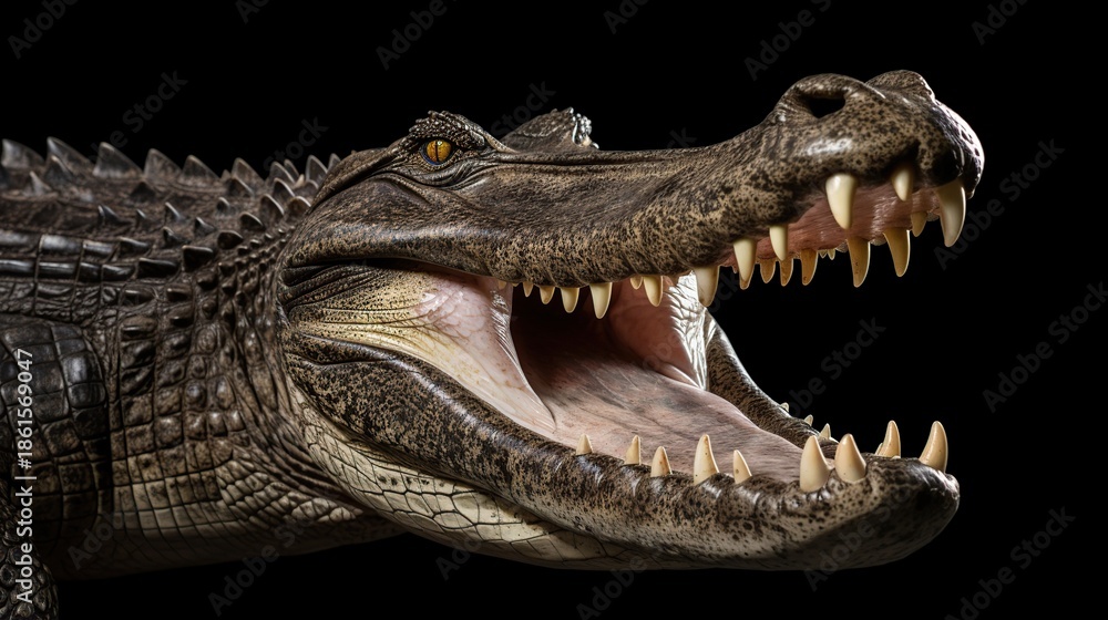 Fototapeta premium Close-up of a snarling crocodile head with sharp teeth and textured scales against a black background
