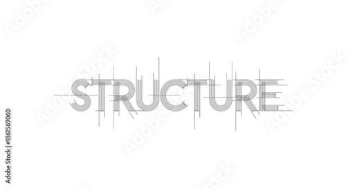 Minimalist structure blueprint graphic design with geometric lines defining the architecture and form of the typography on a clean white background.