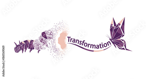 Dynamic Geometric Transformation Logo: Polygonal butterfly emerging from a crumbling larva shape, symbolizing business change, growth, evolution, and metamorphosis.