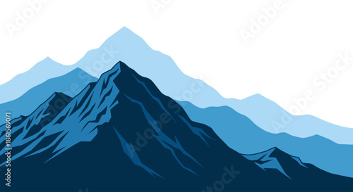Majestic blue mountain range landscape vector illustration suitable for outdoor adventure backgrounds, featuring dramatic alpine peaks and atmospheric layers.
