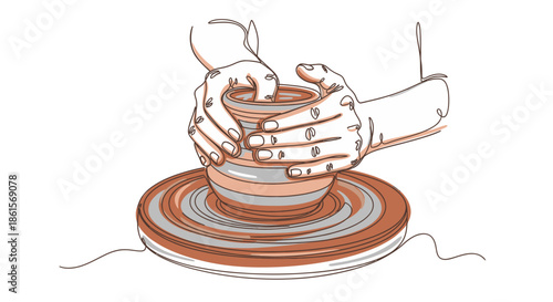Continuous Line Art Drawing of Human Hands Shaping Clay on a Spinning Pottery Wheel, Symbolizing Craft, Handmade Ceramics, and Artistic Hobby Work.