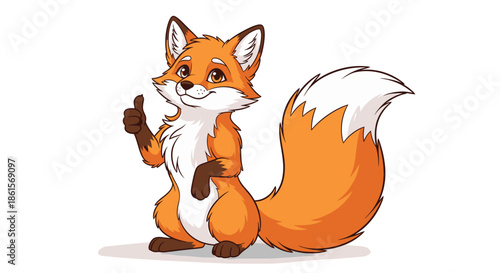 Cute, happy fox cartoon character giving a big thumbs up gesture, perfect for children's designs, success themes, or approval graphics.