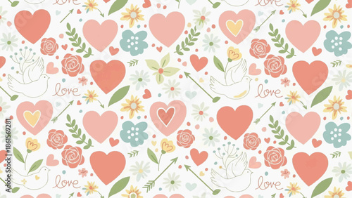 A colorful pattern of hearts, flowers, and leaves fills the entire white background with love written everywhere.