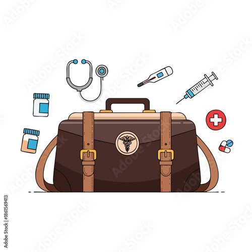 A brown medical bag with tools, including a stethoscope, a thermometer, and pills