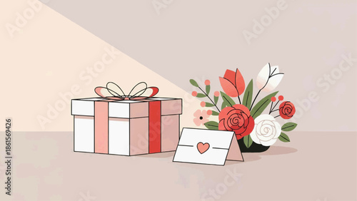 A beautifully wrapped gift box with a bouquet of flowers and a heartfelt love letter on a table indoors.