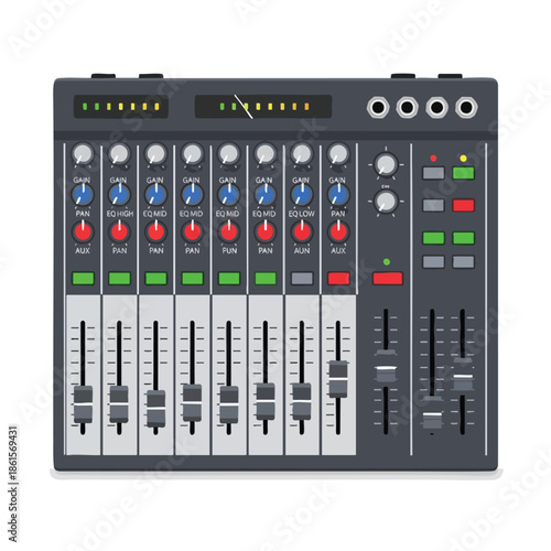 A grey mixing console with sliders, knobs, and lights, for audio adjustment