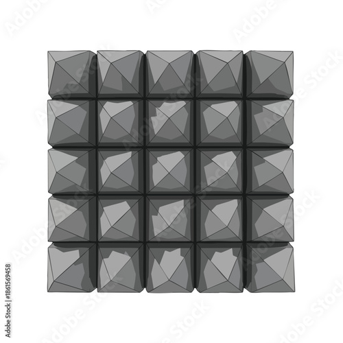 A monochromatic square arrangement of 25 polyhedral shapes on a white background