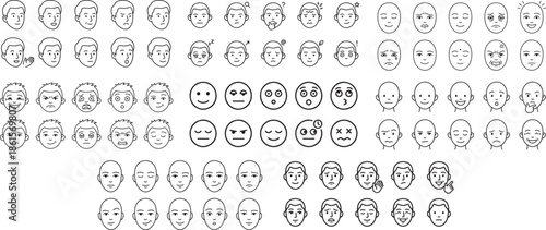 Set of faces with different emotions expressing various feelings happy sad angry surprise tired upset neutral emotions outline vector