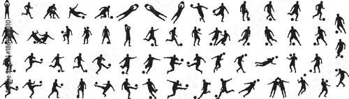 Silhouettes of soccer players kicking and passing ball in various action poses team sport activity competition match soccer vector art