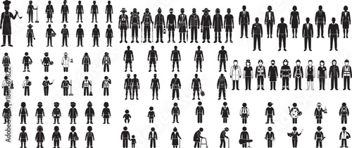 Set of various people vector silhouette graphic design illustration in different occupations and lifestyle in simple flat style