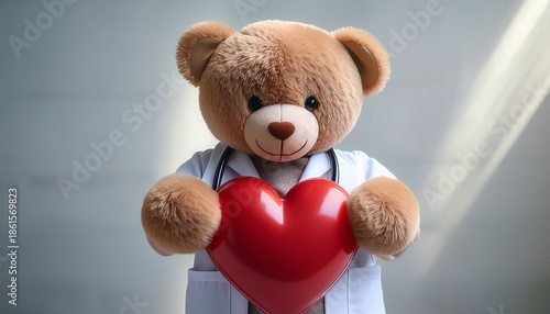 a teddy bear doctor gently holds a heart embodying the nurturing spirit of pediatric healthcare