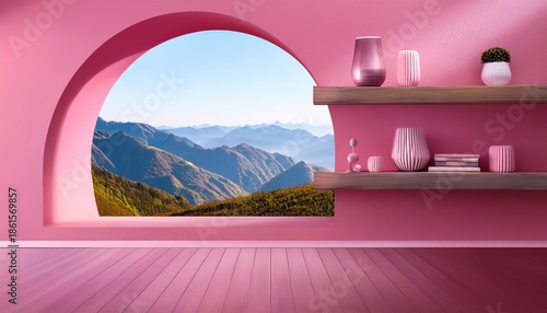 serene pink room with abstract shelf and mountain view