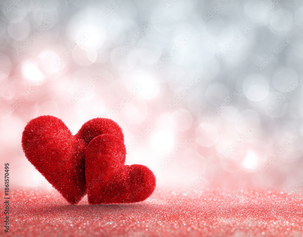 Obraz premium Red glitter heart shapes on sparkling surface with soft bokeh background create romantic and warm atmosphere for love and celebration