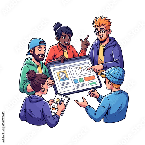 Diverse team collaborating on a digital project, brainstorming ideas and planning website design with a tablet and sketches, fostering creativity and teamwork