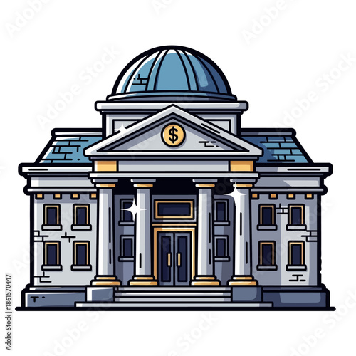 Stylized bank building illustration with a grand dome and classical columns, symbolizing financial services, stability, and secure business operations, perfect for modern finance concepts