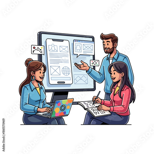 Business team collaborating on digital product development, focusing on user interface and experience design. Creative professionals working together on web and mobile application concepts