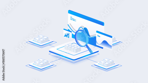Stock market isometric of financial dashboard data analysis with charts, money, and financial metrics in blue digital style.