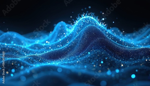 Abstract waves of blue light particles form a digital landscape. This futuristic mesh evokes data flow and scientific progress. It represents networks and cyber space.
