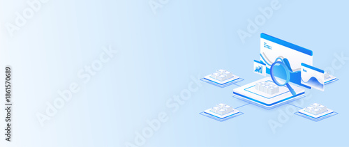 Stock market isometric of financial dashboard data analysis with charts, money, and stock market research concept in banner web.
