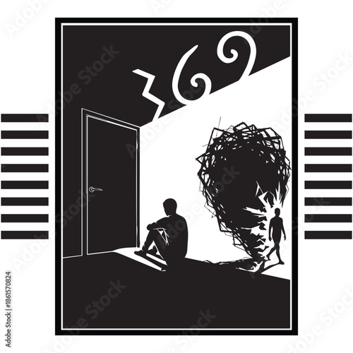 Mental health concept illustration, depression and anxiety shadow, inner struggle silhouette, abstract psychological art, black and white vector