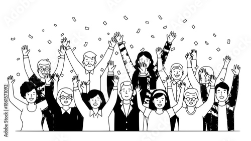 Flat vector illustration of diverse people celebrating together, arms raised, smiling faces, colorful confetti, modern minimal style, clean lines, soft shadows, isolated on white background