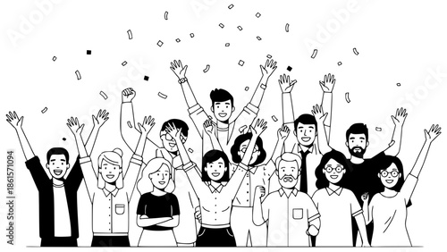 Flat vector illustration of diverse people celebrating together, arms raised, smiling faces, colorful confetti, modern minimal style, clean lines, soft shadows, isolated on white background