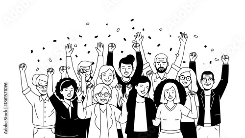 Flat vector illustration of diverse people celebrating together, arms raised, smiling faces, colorful confetti, modern minimal style, clean lines, soft shadows, isolated on white background