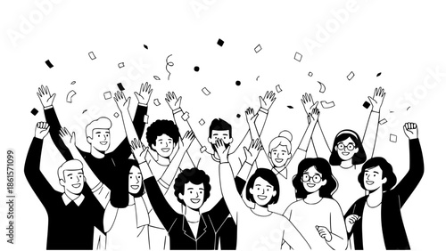 Flat vector illustration of diverse people celebrating together, arms raised, smiling faces, colorful confetti, modern minimal style, clean lines, soft shadows, isolated on white background