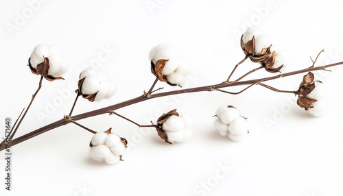 White fluffy cotton plant branch with bolls and seed pods against a plain white background, representing natural organic fiber production for textiles